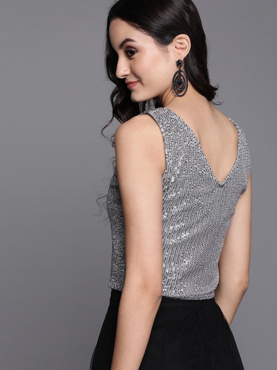 Silver Sequinned Striped Crop Top - inddus-us