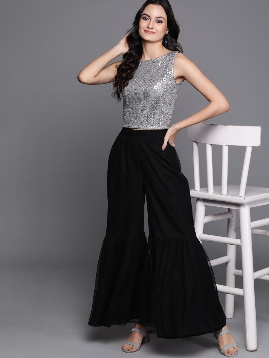 Silver Sequinned Striped Crop Top - inddus-us