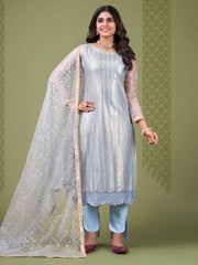 Sky Blue Embroidered Festive-Wear Straight-Cut-Suit - Inddus.com