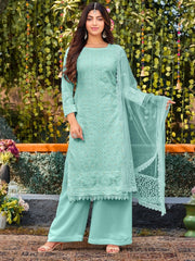 Sky Blue Embroidered Partywear Palazzo Suit - Inddus.com