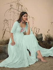 Sky Blue Embroidered Partywear Palazzo Suit - Inddus.com
