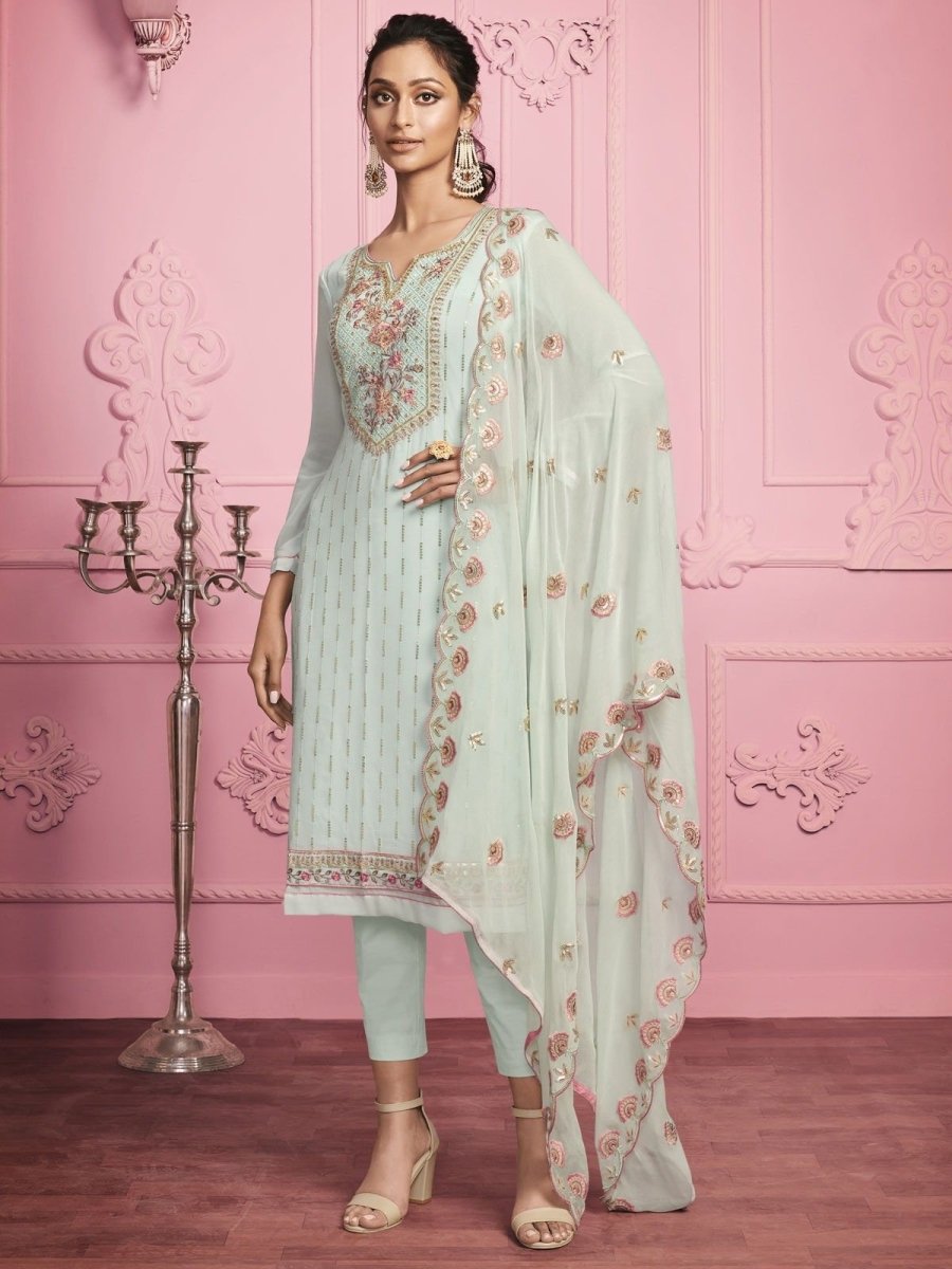Sky Blue Georgette Embroidered Straight Cut Suit - inddus-us