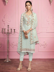 Sky Blue Georgette Embroidered Straight Cut Suit - inddus-us