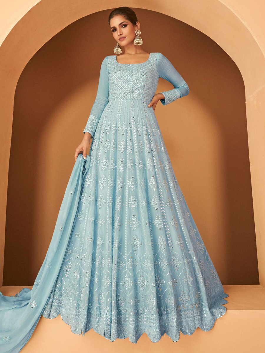 Sky Blue Georgette Partywear Gown - Inddus.com