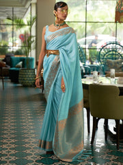 Sky Blue Handloom Silk Traditional Saree - Inddus.com