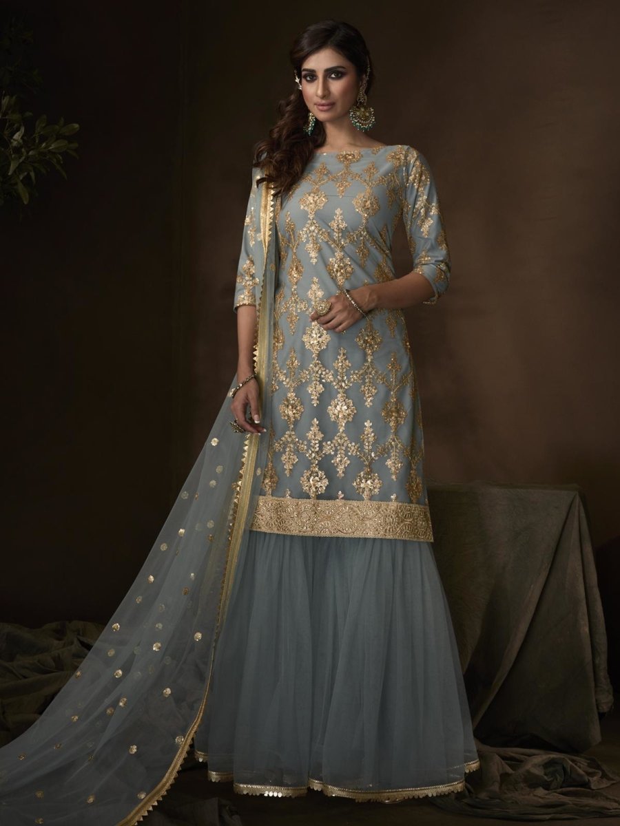 Sky Blue Net Embroidered Partywear Sharara Suit - inddus-us