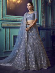 Sky Blue Net Wedding Lehenga Choli with Dupatta - inddus-us