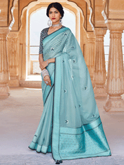 Sky Blue Silk Embellished Saree - Inddus.com