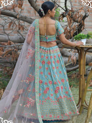 Sky Blue Silk Embroidered Partywear Lehenga Choli - inddus-us