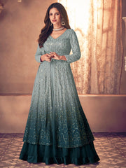 Sky Green Georgette Partywear High-Slit-Style-Suit with Lehenga - Inddus.com