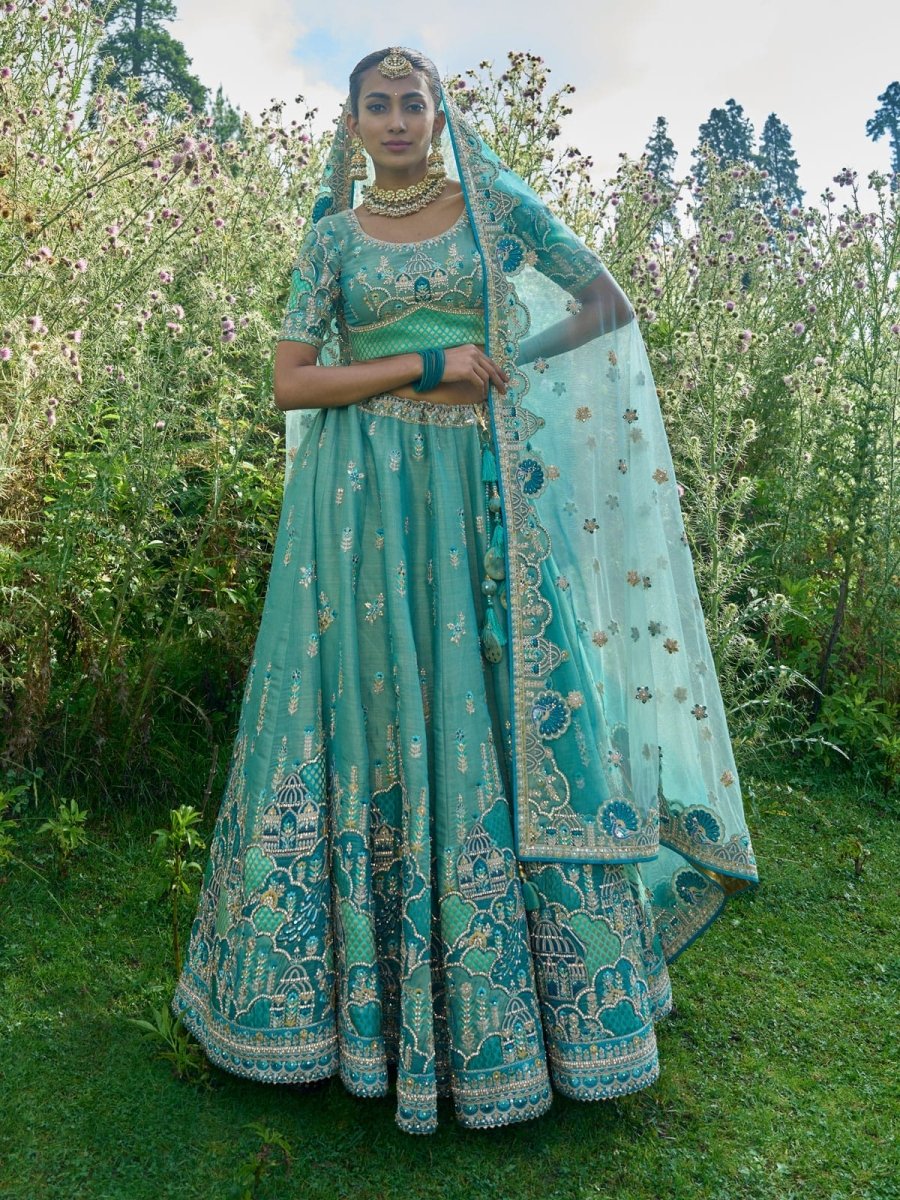 Sky Green Silk Embroidered Lehenga Choli - Inddus.com