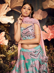 Sky Pink Velvet Embroidered Lehenga Choli - Inddus.com