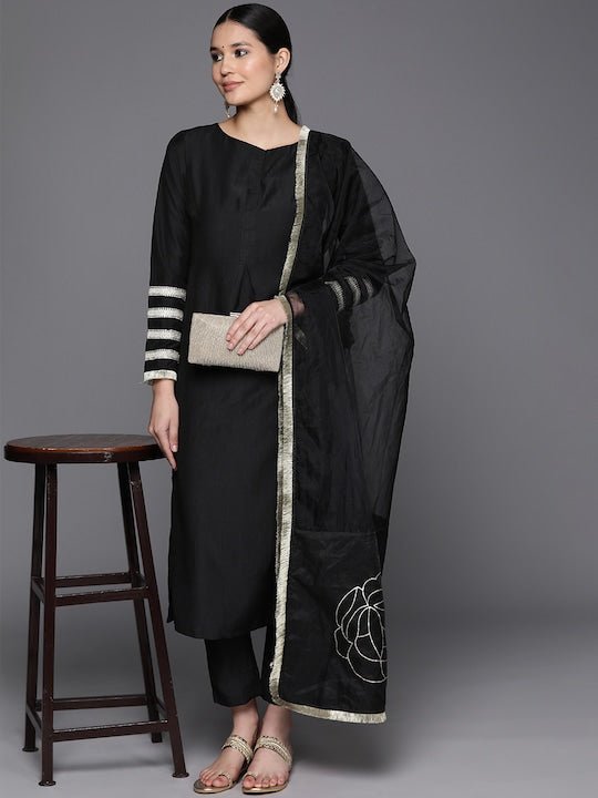 Solid Lace Detailing Kurta with Trouser and Dupatta - Inddus.com