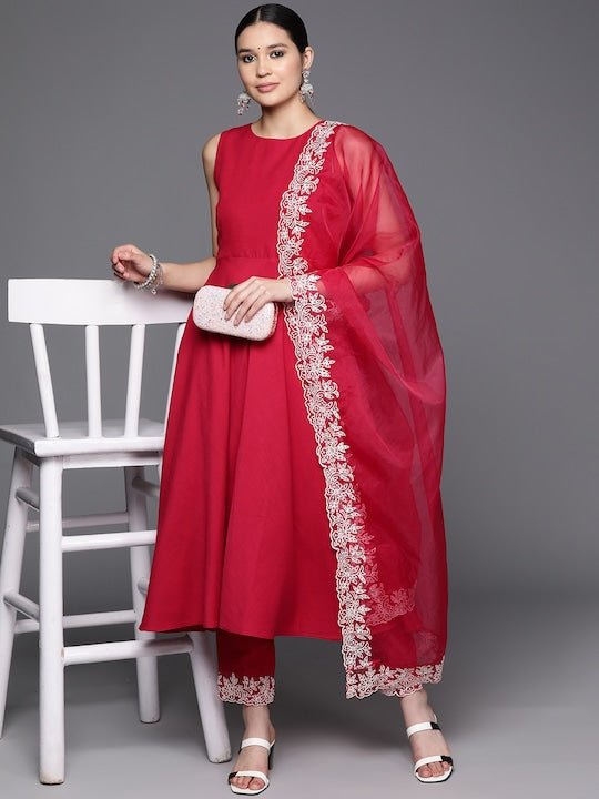 Solid Regular Kurta with Trousers & With Dupatta - Inddus.com