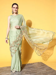 Solid Satin Saree with Embroidered border - Inddus.com