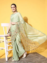 Solid Satin Saree with Embroidered border - Inddus.com