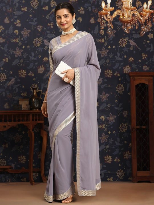 Solid Sequinned Saree - Inddus.com