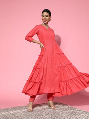 Solid Silk Blend Scalloped Edge Kurta Set - Inddus.com