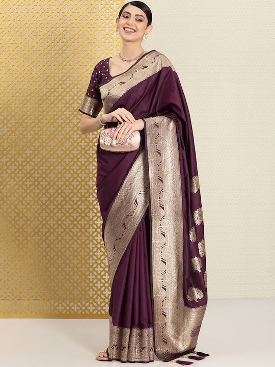 Solid Zari Satin Banarasi Saree - Inddus.com