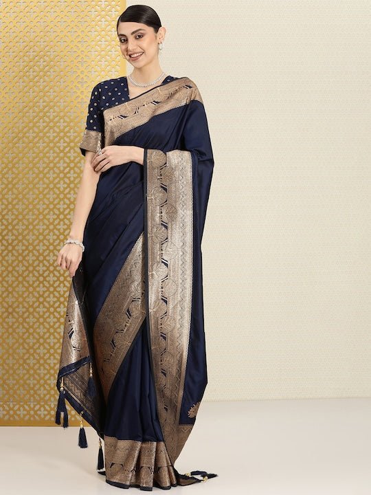 Solid Zari Satin Banarasi Saree - Inddus.com