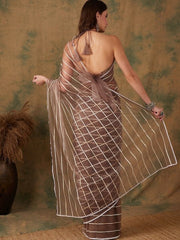 Striped Embellished Sequinned Net Saree - Inddus.com