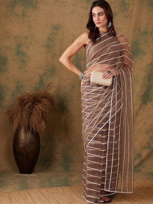 Striped Embellished Sequinned Net Saree