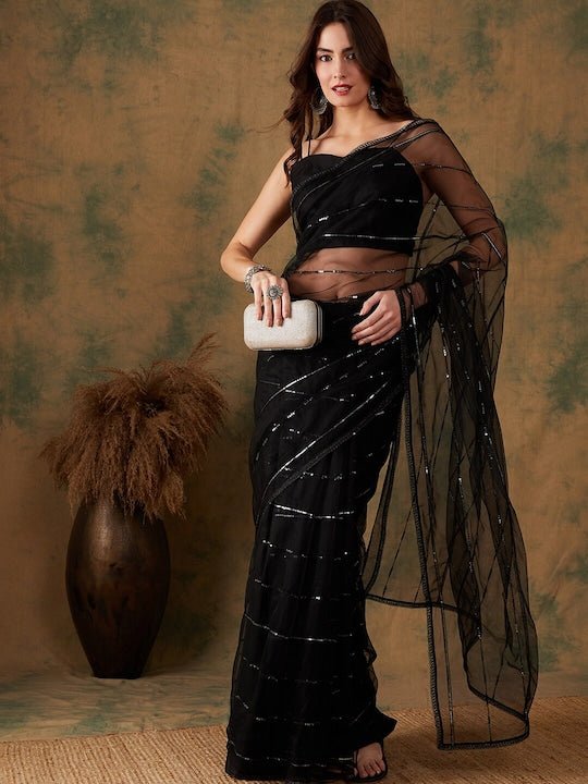 Striped Embellished Sequinned Net Saree