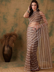 Striped Embellished Sequinned Net Saree - Inddus.com