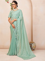 Striped Mirror Work Organza Saree - Inddus.com