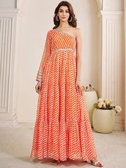 Striped Off Shoulder Maxi Ethnic Dress - Inddus.com