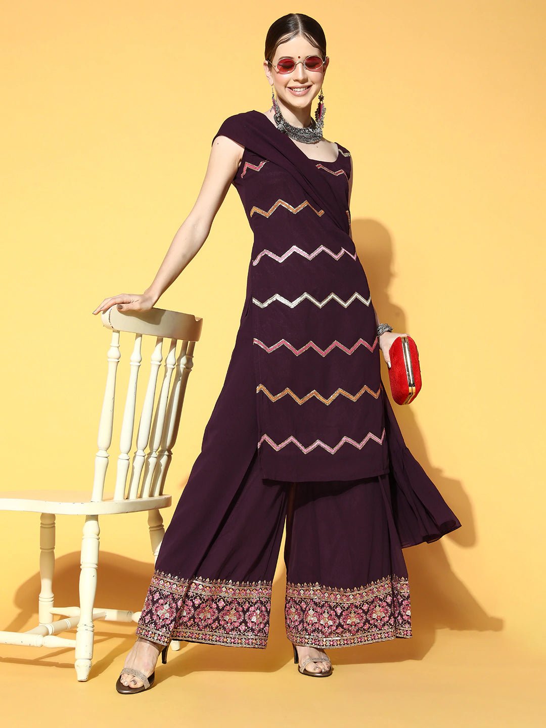 Striped Poly-Georgette Swirling Volume Kurta Set - Inddus.com