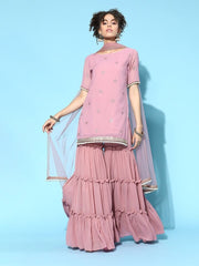 stunning pink poly georgette embroidered kurta set
