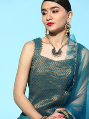 superior teal silk blend woven design kurta set