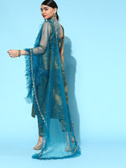 superior teal silk blend woven design kurta set