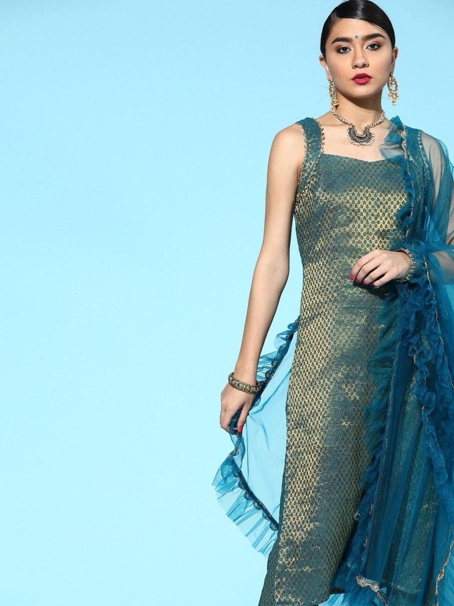 superior teal silk blend woven design kurta set