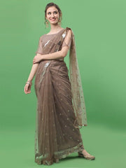 Taupe Embellished Sequinned Net Saree - Inddus.com