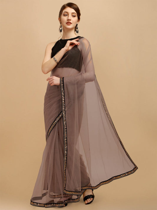 Taupe Embellished Sequinned Net Saree - Inddus.com
