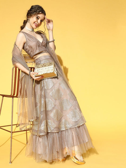Taupe & Golden Sequinned Semi-Stitched Net Lehenga & Unstitched Choli With Dupatta - Inddus.com