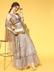 Taupe & Golden Sequinned Semi-Stitched Net Lehenga & Unstitched Choli With Dupatta - Inddus.com