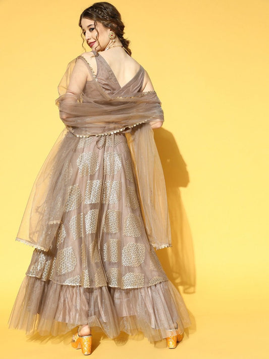 Taupe & Golden Sequinned Semi-Stitched Net Lehenga & Unstitched Choli With Dupatta - Inddus.com