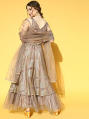 Taupe & Golden Sequinned Semi-Stitched Net Lehenga & Unstitched Choli With Dupatta - Inddus.com