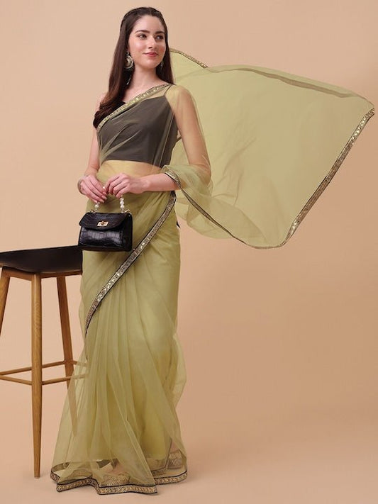 Taupe Net Embroidered Border Saree - Inddus.com