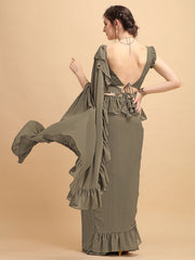 Taupe Solid Ruffled Saree with Belt - inddus-us