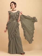 Taupe Solid Ruffled Saree with Belt - inddus-us