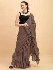 Taupe Solid Ruffled Saree with Blouse - inddus-us