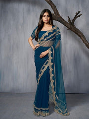 Teal and gold-toned Embroidered Sequinned Net Saree - Inddus.com