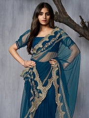 Teal and gold-toned Embroidered Sequinned Net Saree - Inddus.com