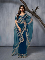 Teal and gold-toned Embroidered Sequinned Net Saree