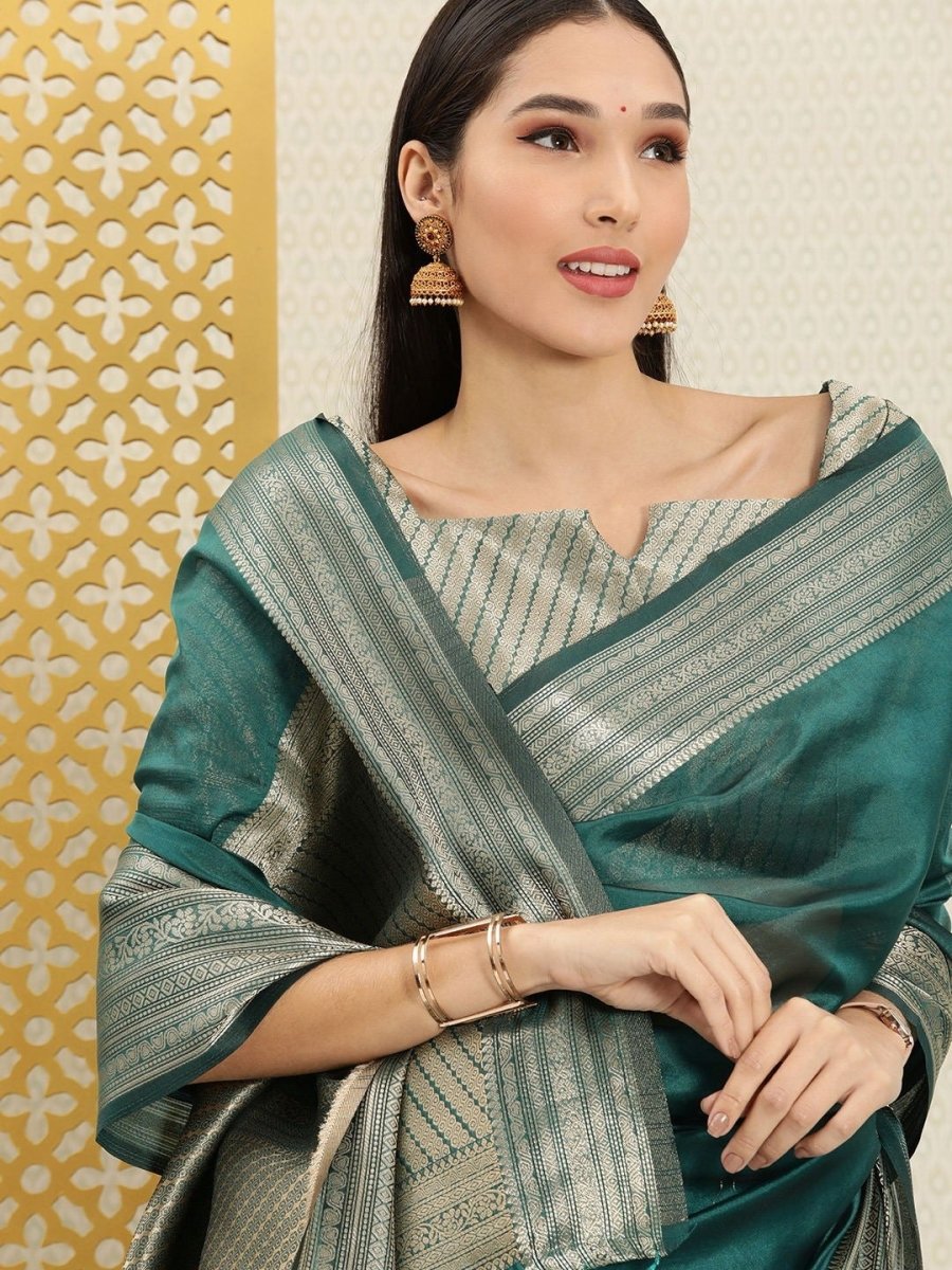 Teal and Gold Zari Woven Ethnic Motifs Organza Saree - Inddus.com