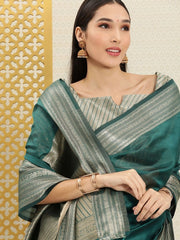 Teal and Gold Zari Woven Ethnic Motifs Organza Saree - Inddus.com